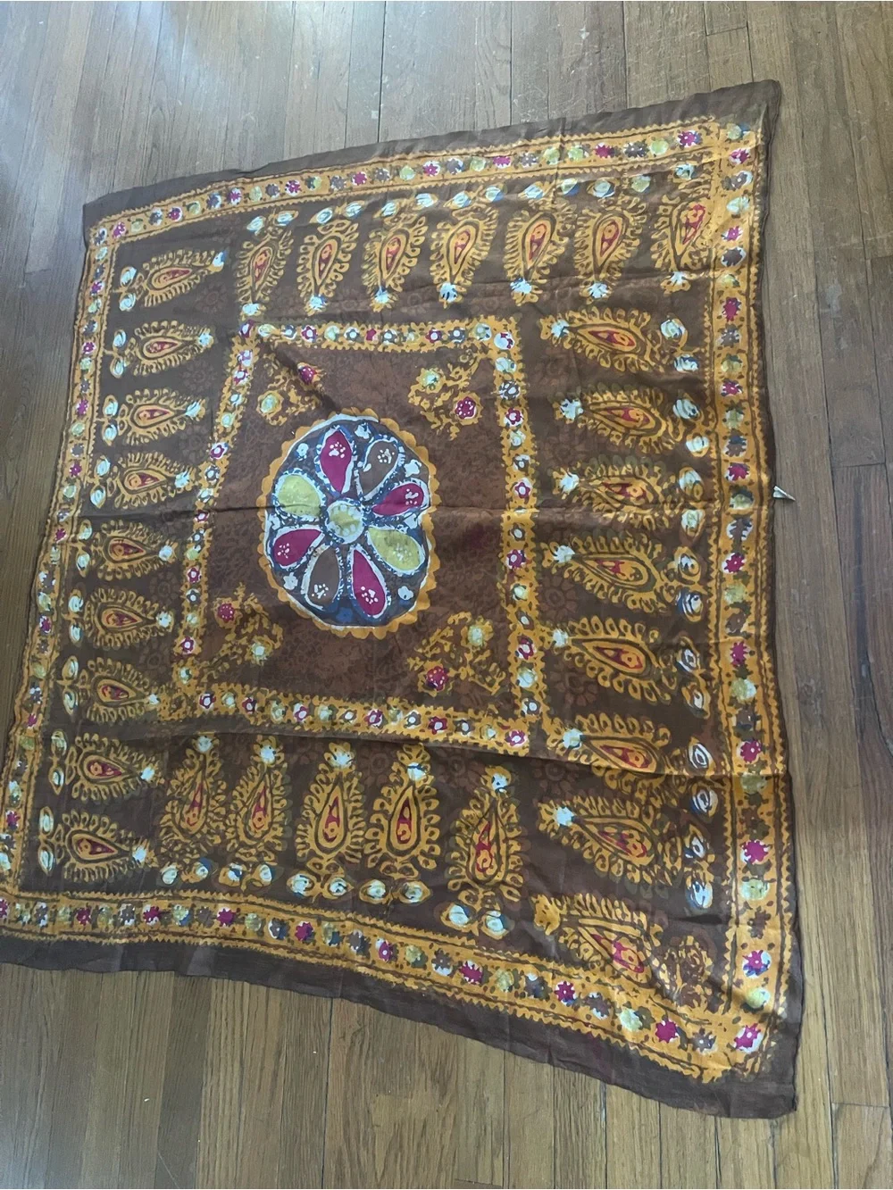 Vintage Pure Silk Govt Iran Paisley Square 45in scarf Brown Yellow Pink 70s